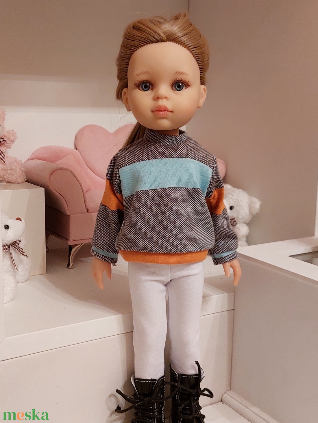 Paola Reina türkiz-narancs-barna csíkos pulcsis szett - játék & sport - baba & babaház - babaruha, babakellék - Meska.hu