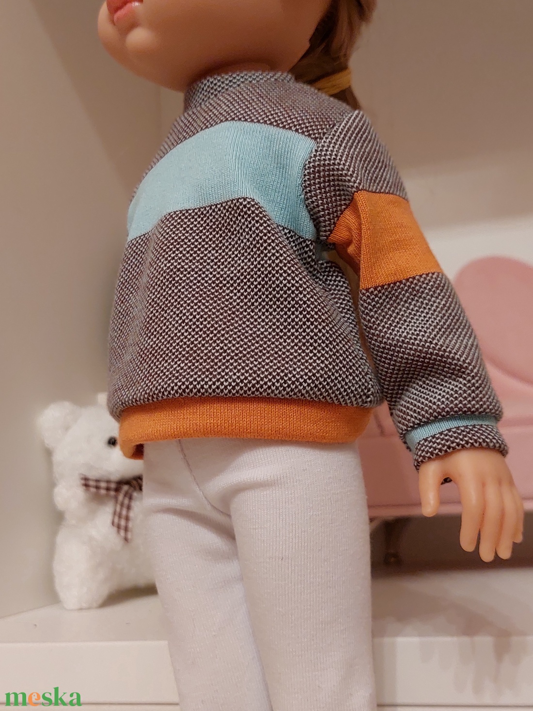 Paola Reina türkiz-narancs-barna csíkos pulcsis szett - játék & sport - baba & babaház - babaruha, babakellék - Meska.hu