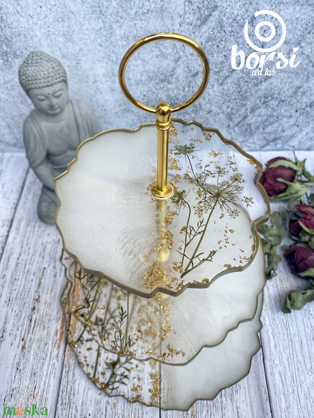 Csipkevirág X Műgyanta 3emletes sütemény tálaló állvány, szárított virág, örök virág, tálaló, ajándék szett - otthon & életmód - konyhafelszerelés, tálalás - tálalás - kínálótál - Meska.hu