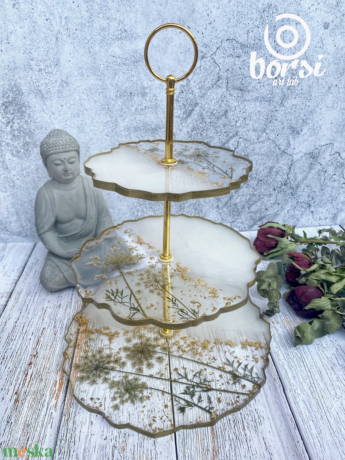 Csipkevirág X Műgyanta 3emletes sütemény tálaló állvány, szárított virág, örök virág, tálaló, ajándék szett - otthon & életmód - konyhafelszerelés, tálalás - tálalás - kínálótál - Meska.hu