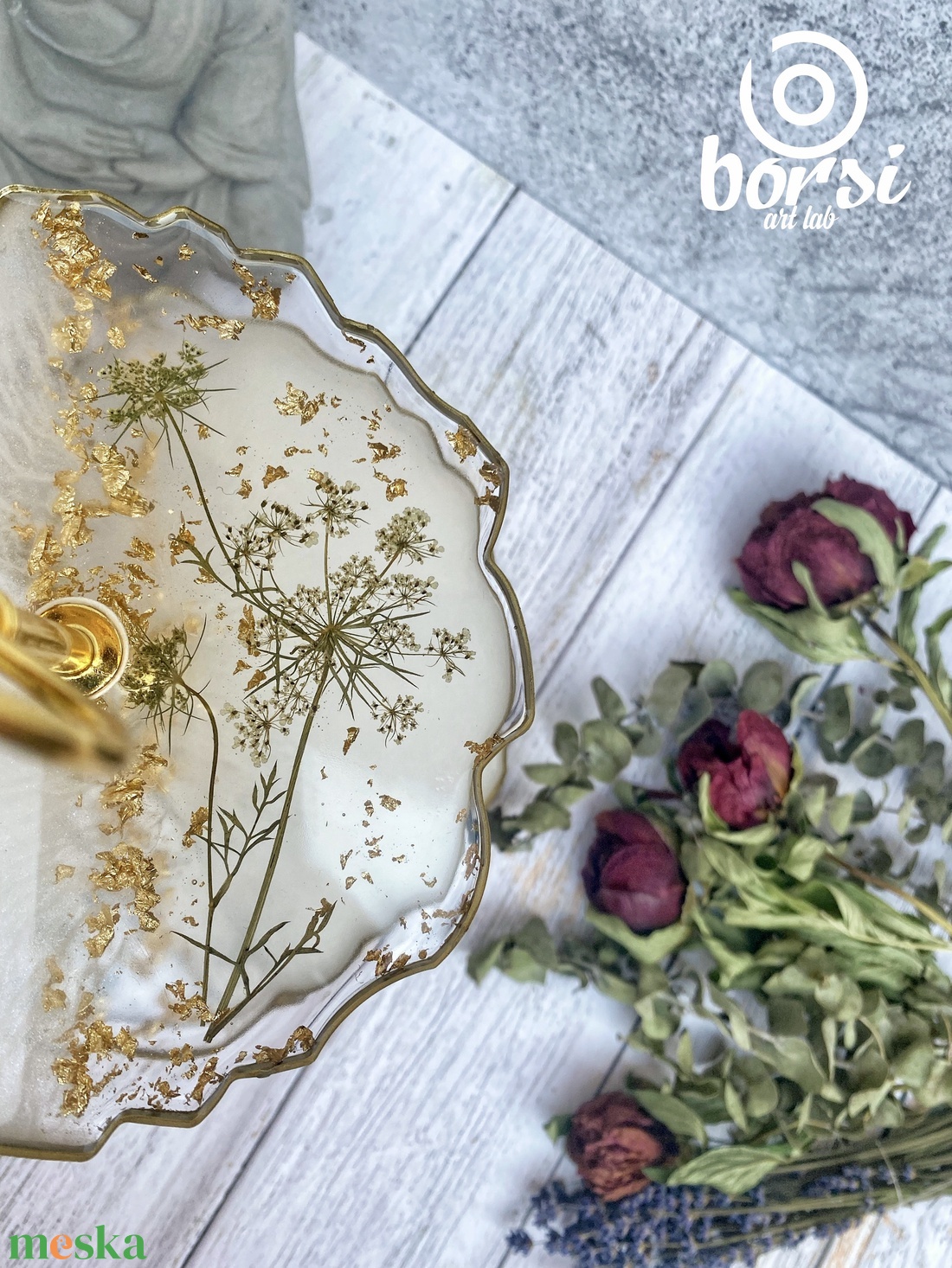 Csipkevirág X Műgyanta 3emletes sütemény tálaló állvány, szárított virág, örök virág, tálaló, ajándék szett - otthon & életmód - konyhafelszerelés, tálalás - tálalás - kínálótál - Meska.hu