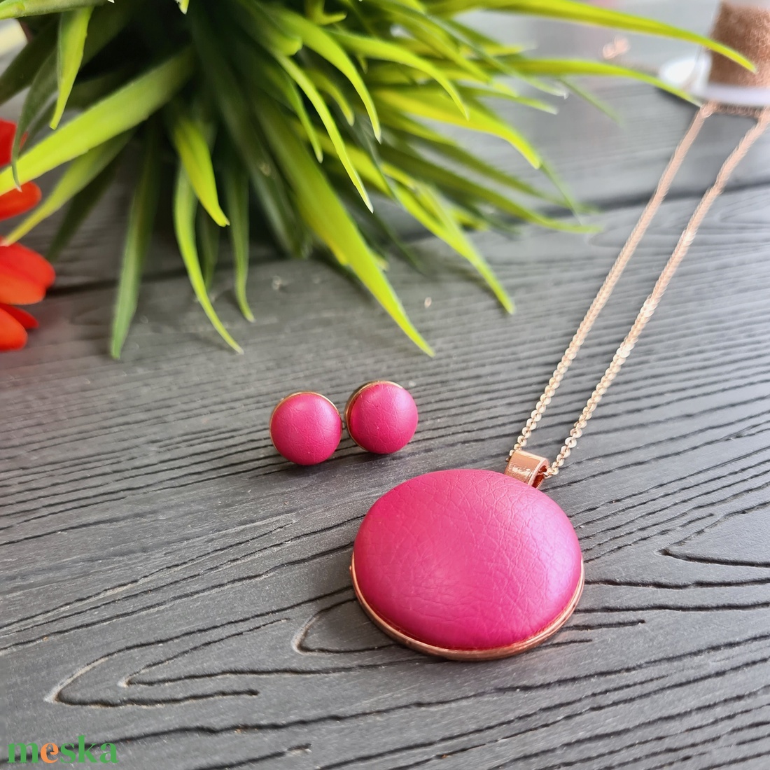 Metál pink - rosegold  fülbevaló és nyaklánc szett - ékszer - ékszerszett - Meska.hu