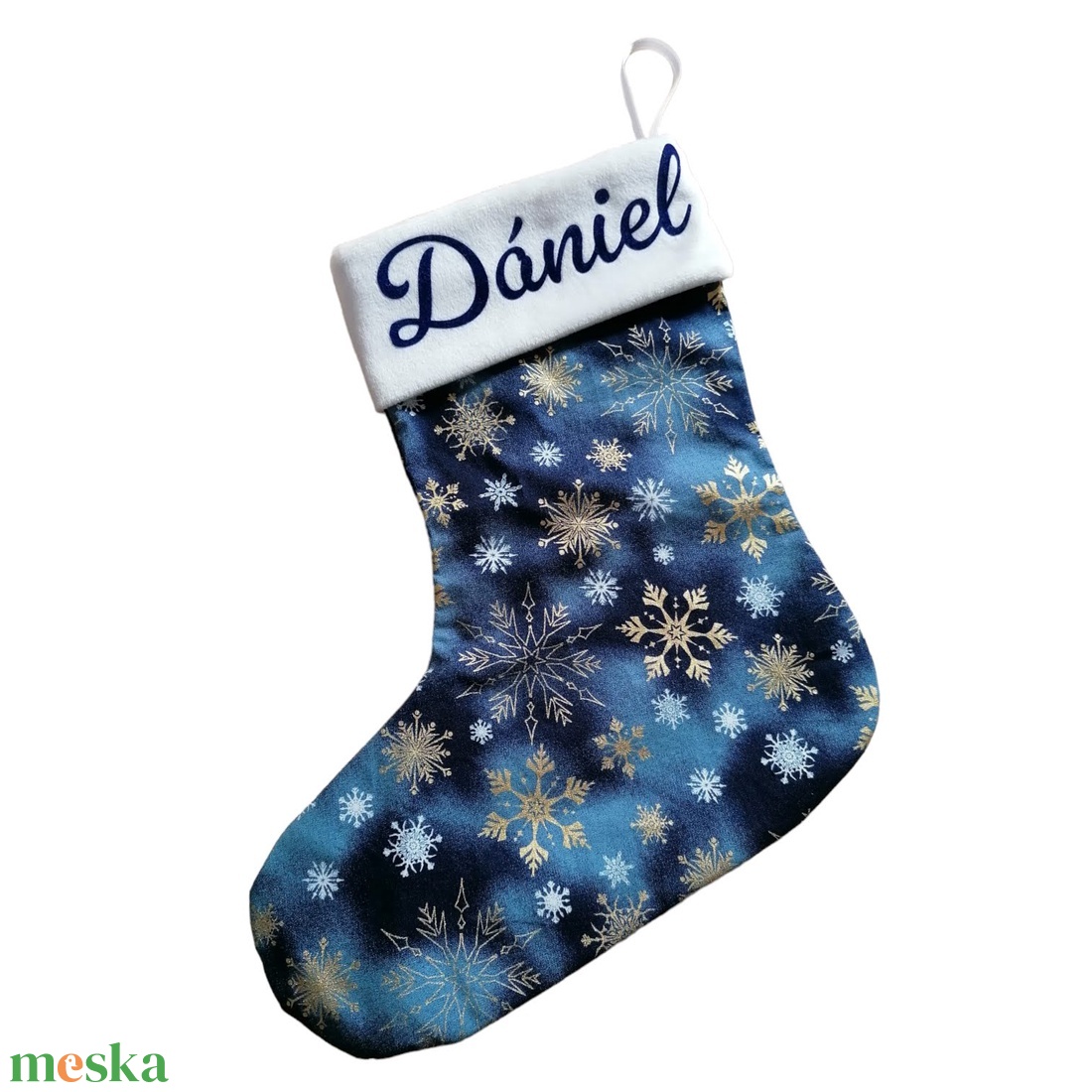 Névre szóló mikulás csizma, kék-fehér-arany színben - karácsony - mikulás - mikulás zsák - Meska.hu