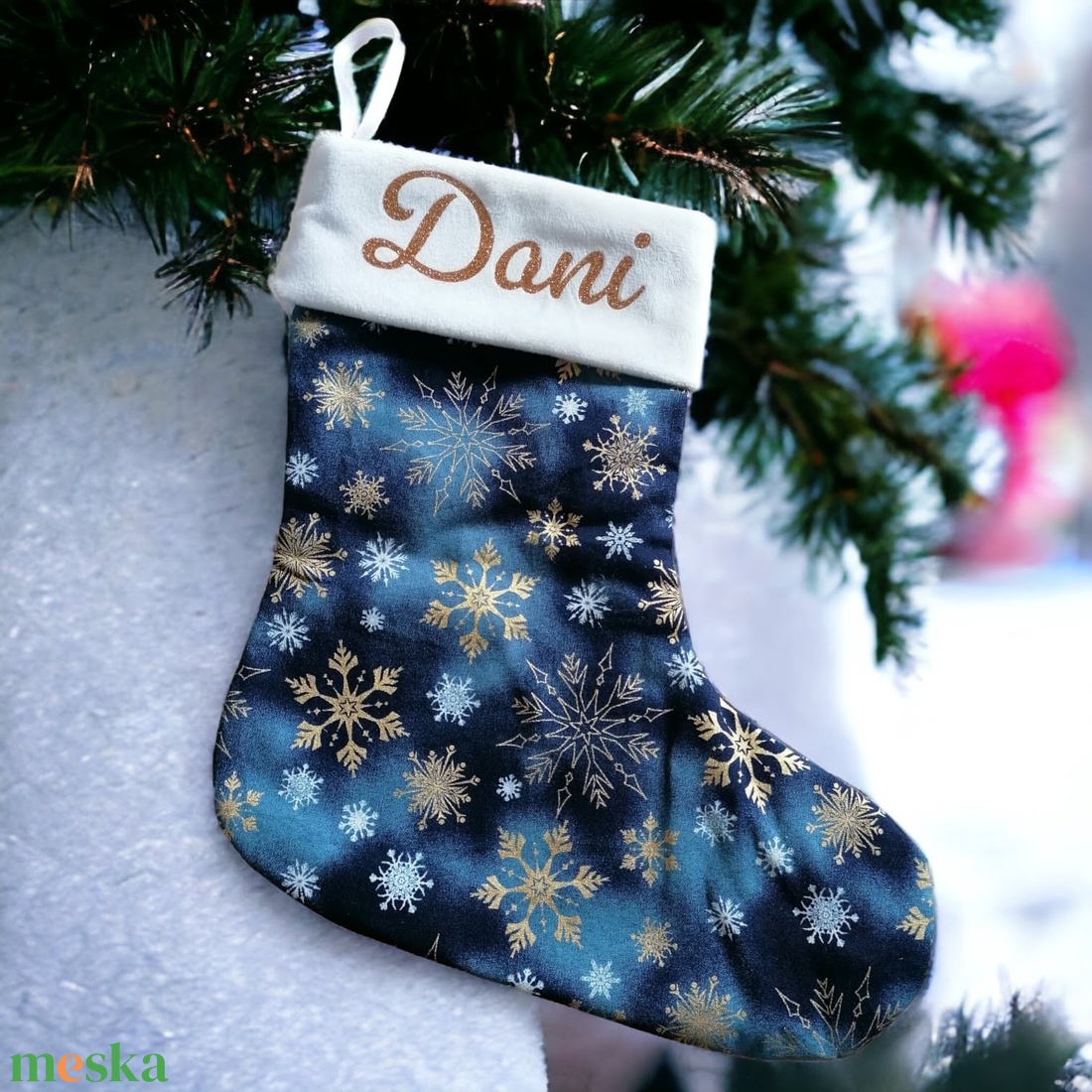 Névre szóló mikulás csizma, kék-fehér-arany színben - karácsony - mikulás - mikulás zsák - Meska.hu
