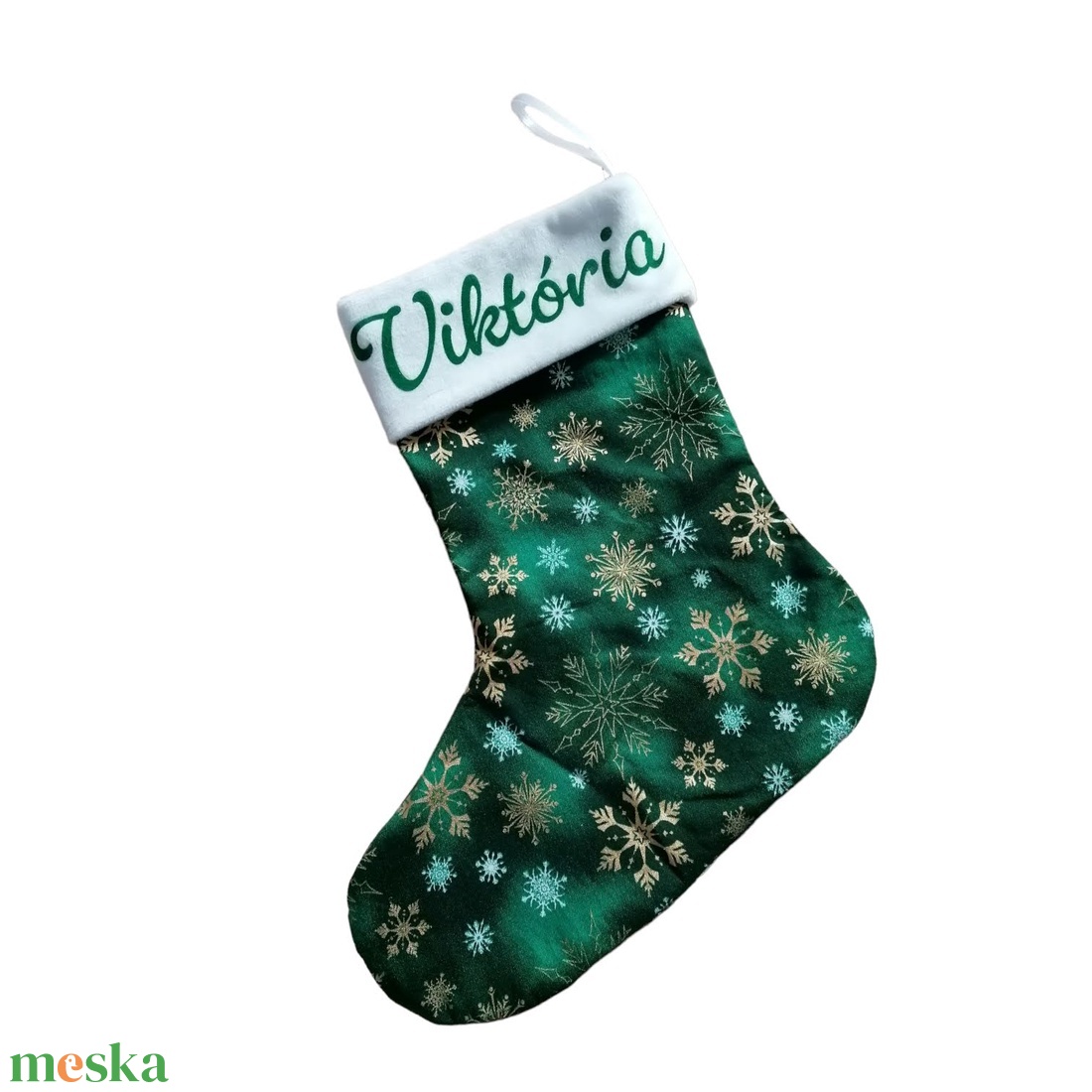 Névre szóló mikulás csizma, zöld-fehér-arany színben - karácsony - mikulás - mikulás zsák - Meska.hu