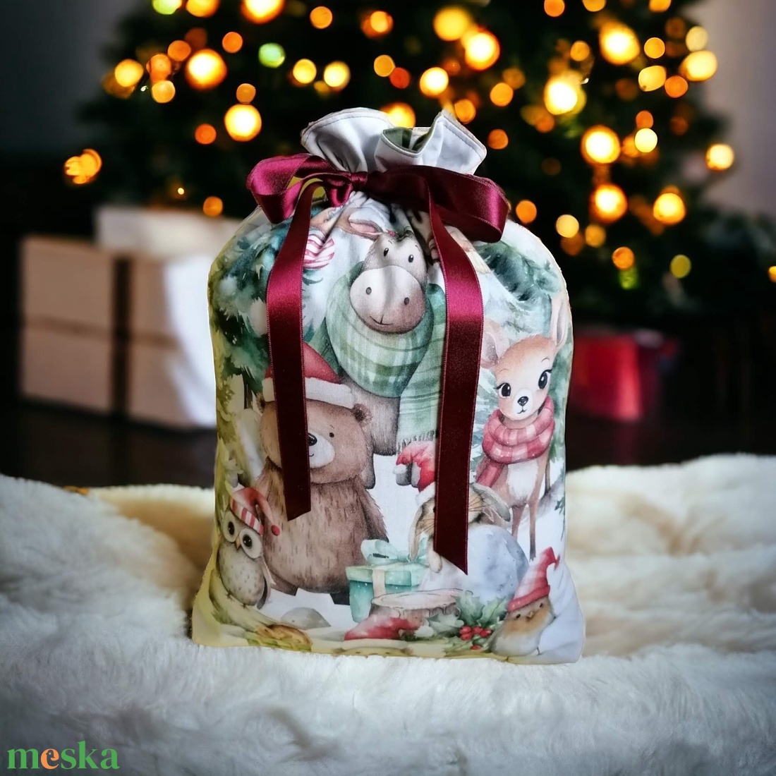 Karácsonyi zsák, erdei állatokkal, kifordítható, XL méret - karácsony - karácsonyi ajándékozás - karácsonyi ajándékcsomagolás - Meska.hu