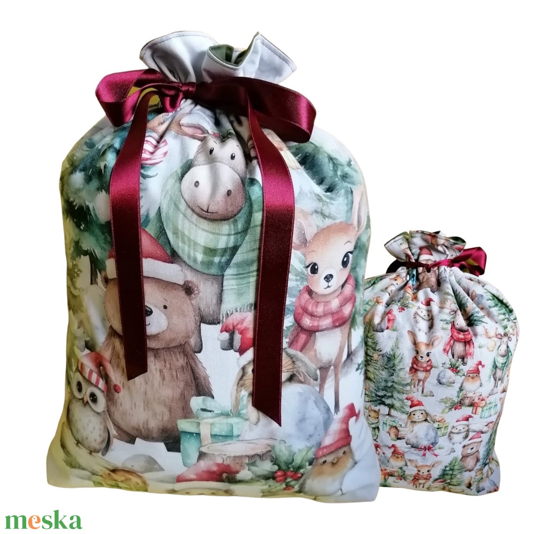 Karácsonyi zsák, erdei állatokkal, kifordítható, XL méret - karácsony - karácsonyi ajándékozás - karácsonyi ajándékcsomagolás - Meska.hu