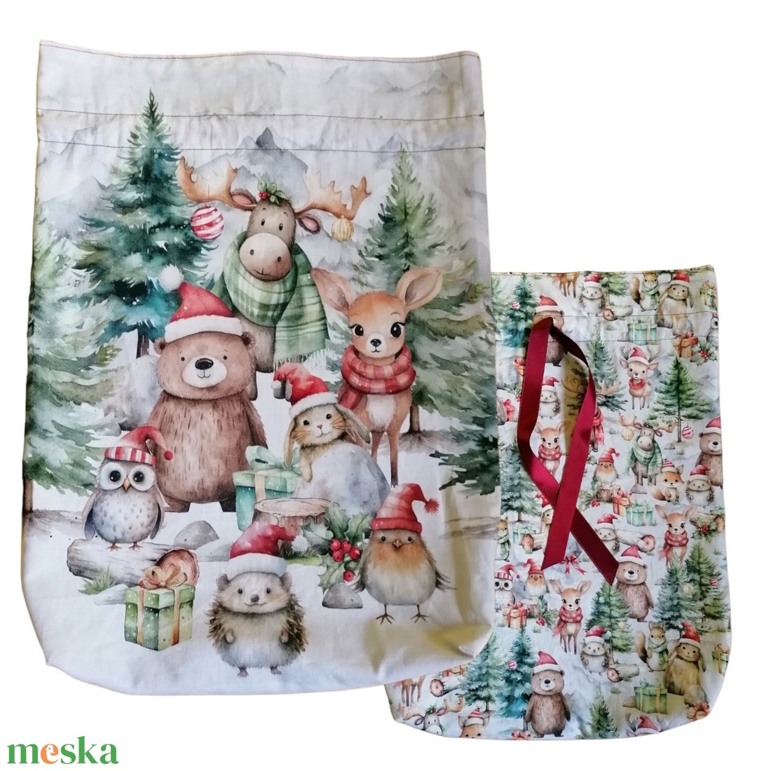 Karácsonyi zsák, erdei állatokkal, kifordítható, XL méret - karácsony - karácsonyi ajándékozás - karácsonyi ajándékcsomagolás - Meska.hu