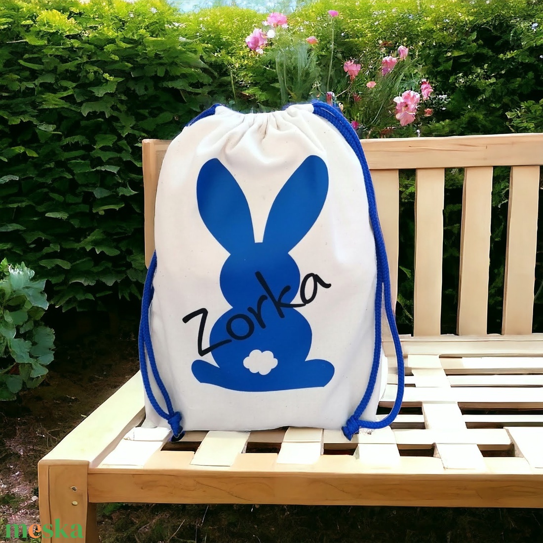 Névre szóló húsvéti zsák, kék nyuszival, zsinórral - otthon & életmód - papír, írószer - ajándékozás kellékei - ajándékzsák, csomagolás - Meska.hu