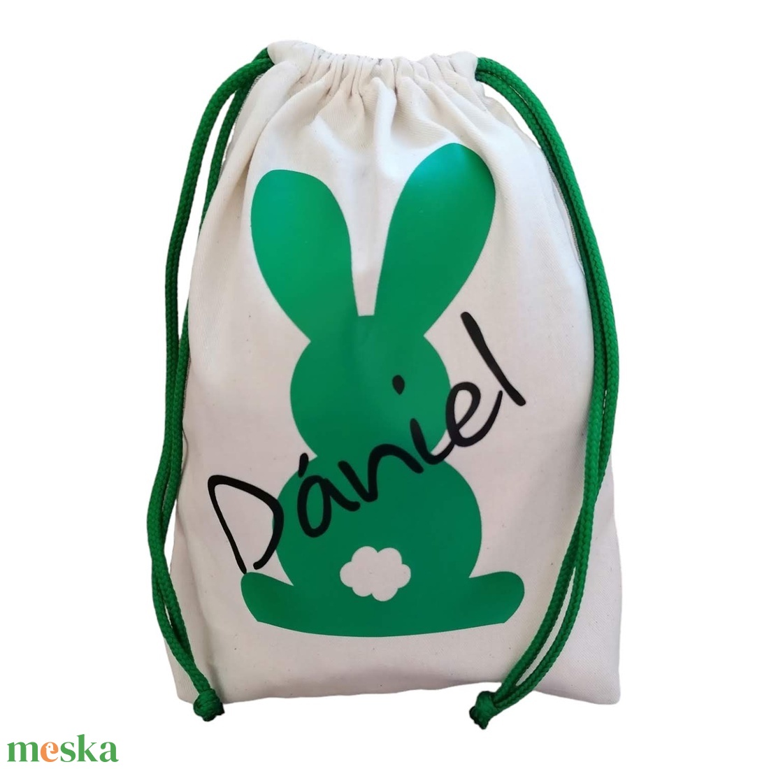 Névre szóló húsvéti zsák, zöld nyuszival, zsinórral - otthon & életmód - papír, írószer - ajándékozás kellékei - ajándékzsák, csomagolás - Meska.hu