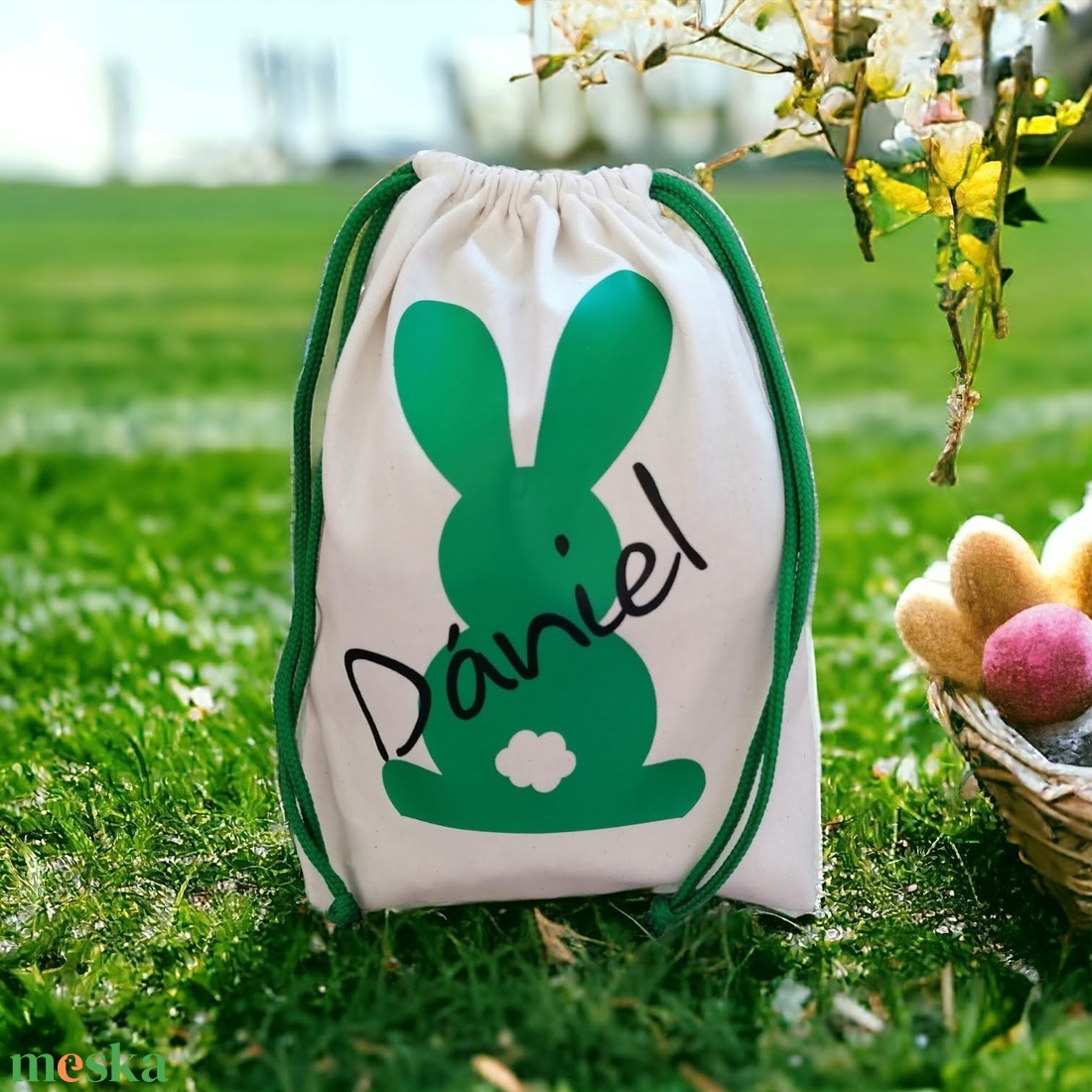 Névre szóló húsvéti zsák, zöld nyuszival, zsinórral - otthon & életmód - papír, írószer - ajándékozás kellékei - ajándékzsák, csomagolás - Meska.hu