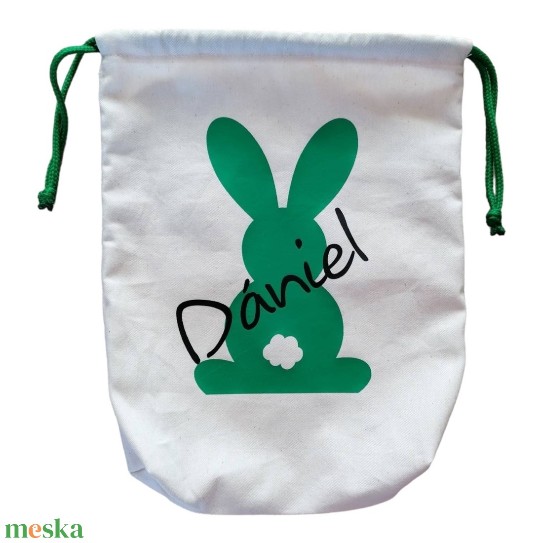 Névre szóló húsvéti zsák, zöld nyuszival, zsinórral - otthon & életmód - papír, írószer - ajándékozás kellékei - ajándékzsák, csomagolás - Meska.hu