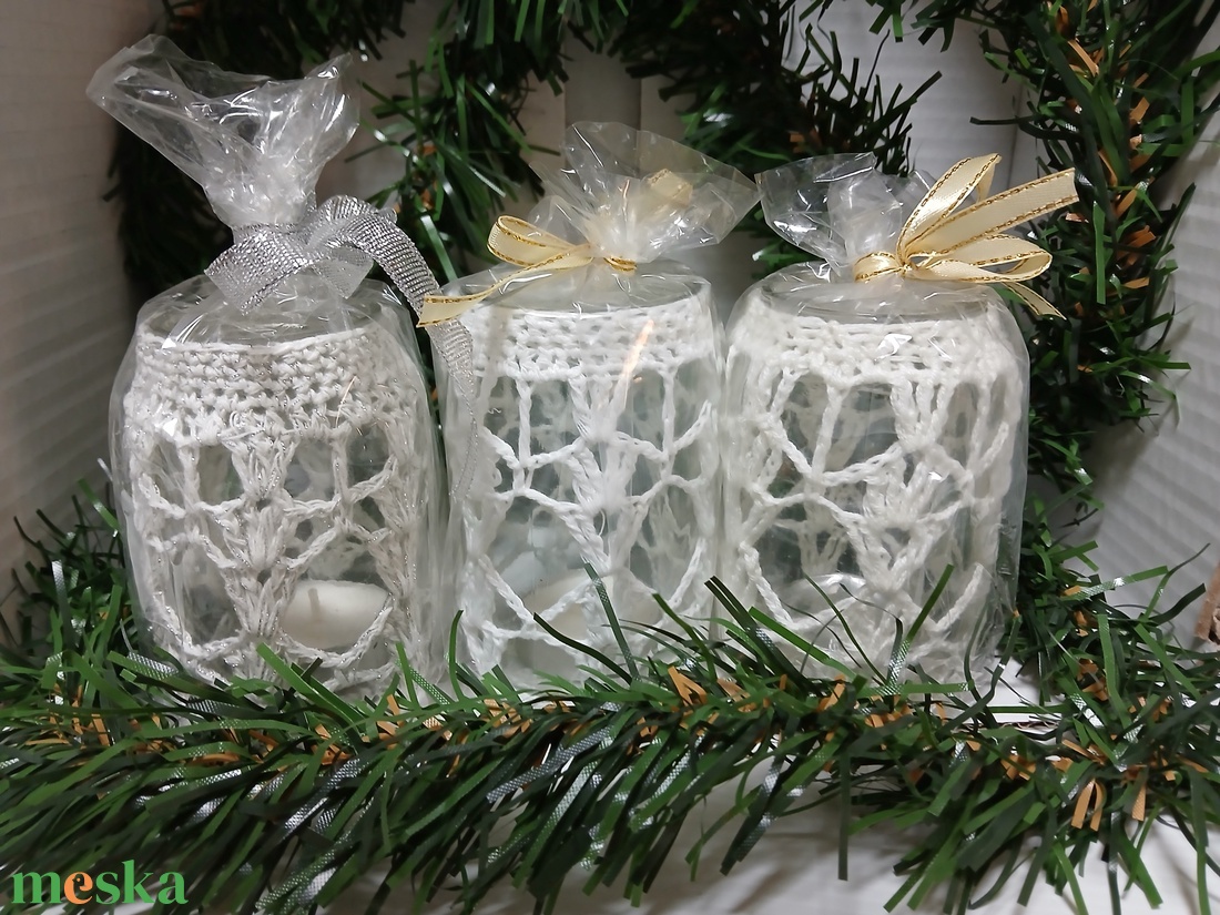 Horgolt mécsesek - karácsony - karácsonyi ajándékozás - karácsonyi ajándékcsomagolás - Meska.hu