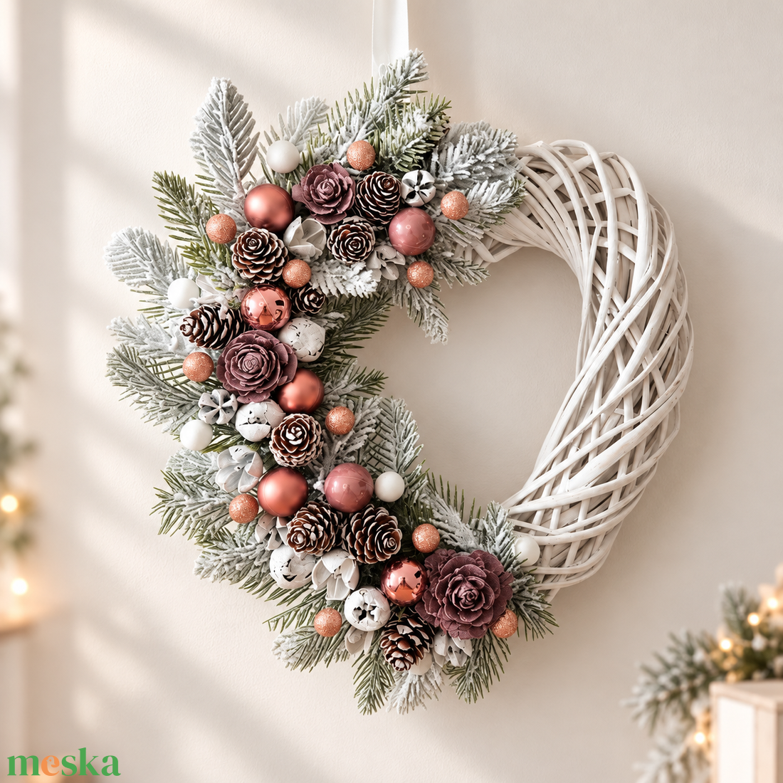 Fagyos rózsaszín karácsonyi szívkoszorú - karácsony - adventi díszek - adventi ajtódísz - Meska.hu