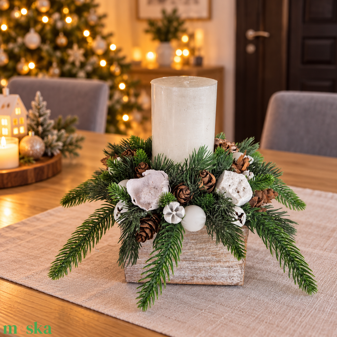 Természetes hatású téli asztaldísz � Téli elegancia - karácsony - adventi díszek - adventi gyertyadíszek és koszorúdíszek - Meska.hu