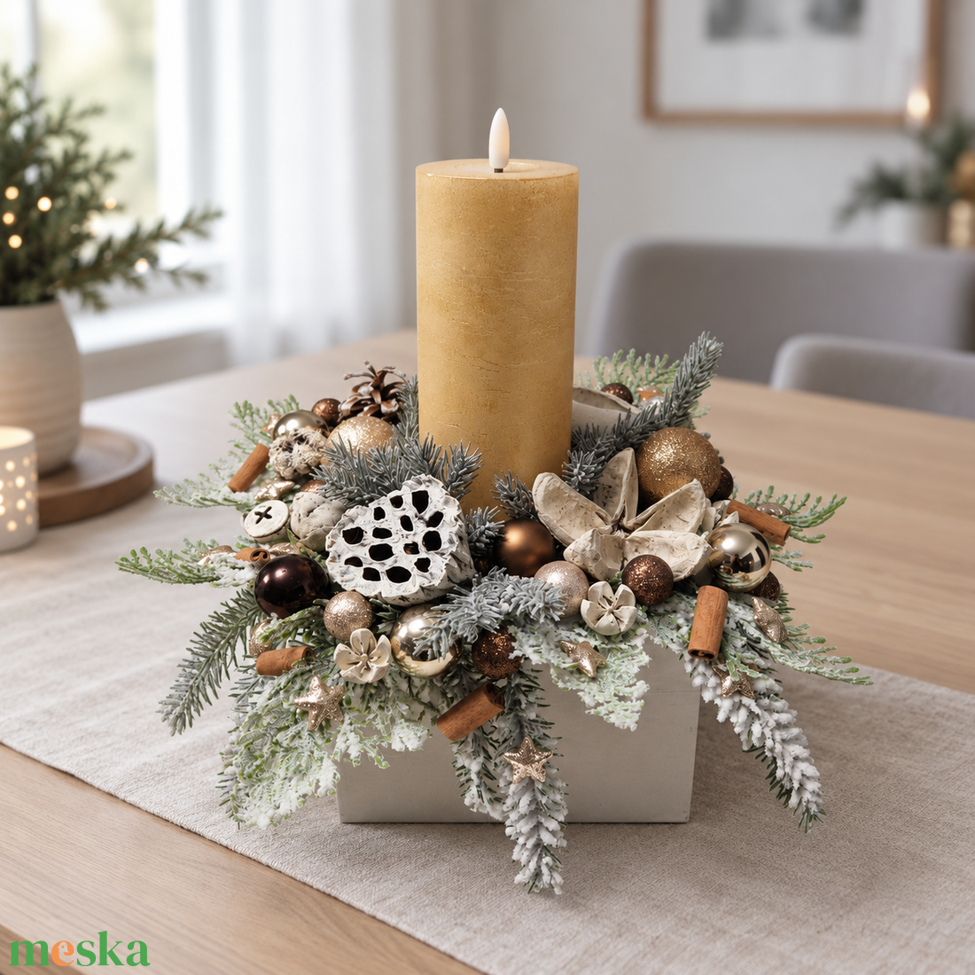 Fahéjas - arany kézműves asztaldísz led gyertyával - karácsony - adventi díszek - adventi gyertyadíszek és koszorúdíszek - Meska.hu