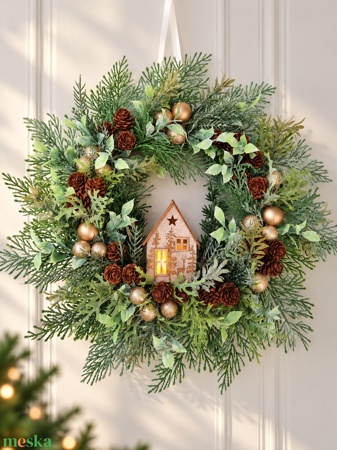 Házikós karácsonyi kopogtató � zöld-arany téli ajtódísz - karácsony - adventi díszek - adventi ajtódísz - Meska.hu