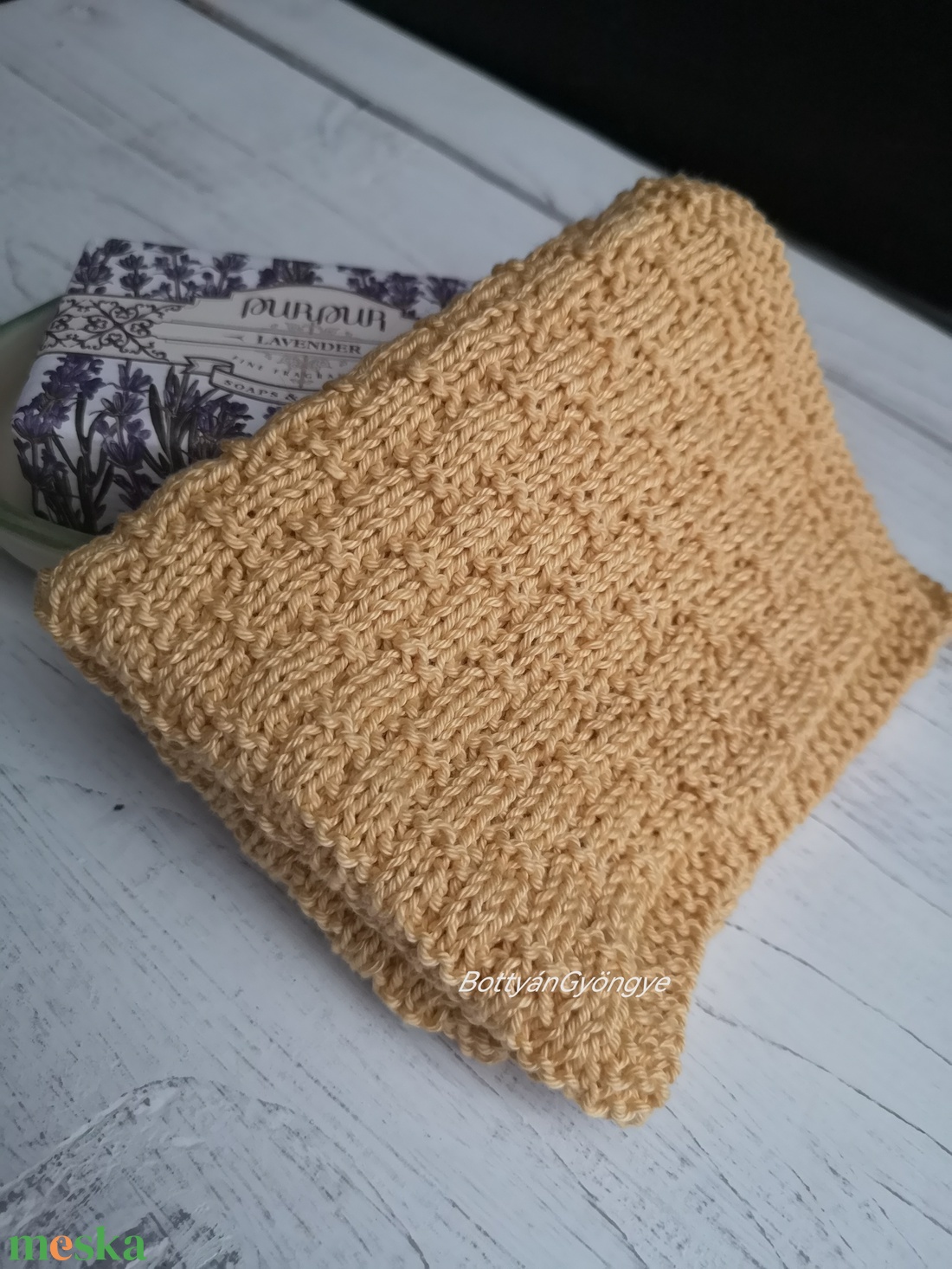Kötött törlőkendő - mustár - szépségápolás - arcápolás - arclemosó - Meska.hu