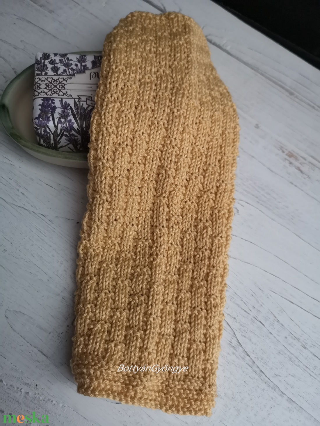 Kötött törlőkendő - mustár - szépségápolás - arcápolás - arclemosó - Meska.hu
