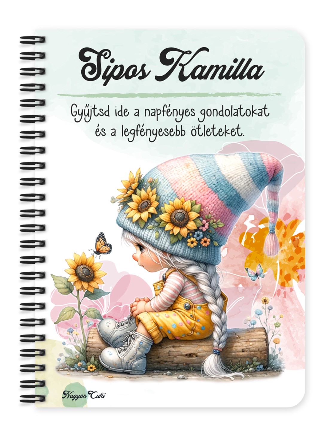 Személyre szabható - Pillangós napraforgós manó lány mintás A5-ös füzet - otthon & életmód - papír, írószer - jegyzetfüzet & napló - Meska.hu