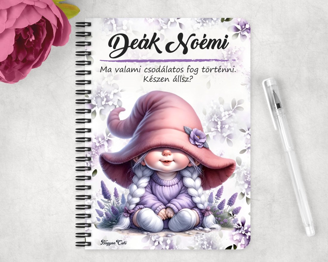 Személyre szabható - Kalapos levendulás manólány mintás A6-os füzet - otthon & életmód - papír, írószer - jegyzetfüzet & napló - Meska.hu