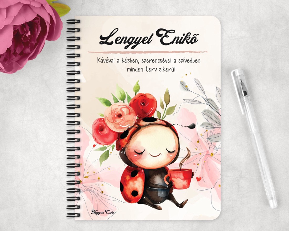 Személyre szabható - Kávézós katicabogár mintás A5-ös füzet - otthon & életmód - papír, írószer - jegyzetfüzet & napló - Meska.hu