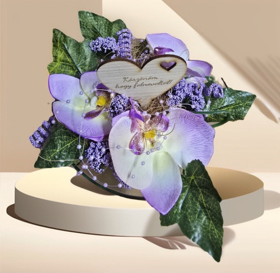 Szülőköszöntő virágbox elegáns orchideás lilás üveg vázában - esküvő - emlék & ajándék - szülőköszöntő ajándék - Meska.hu