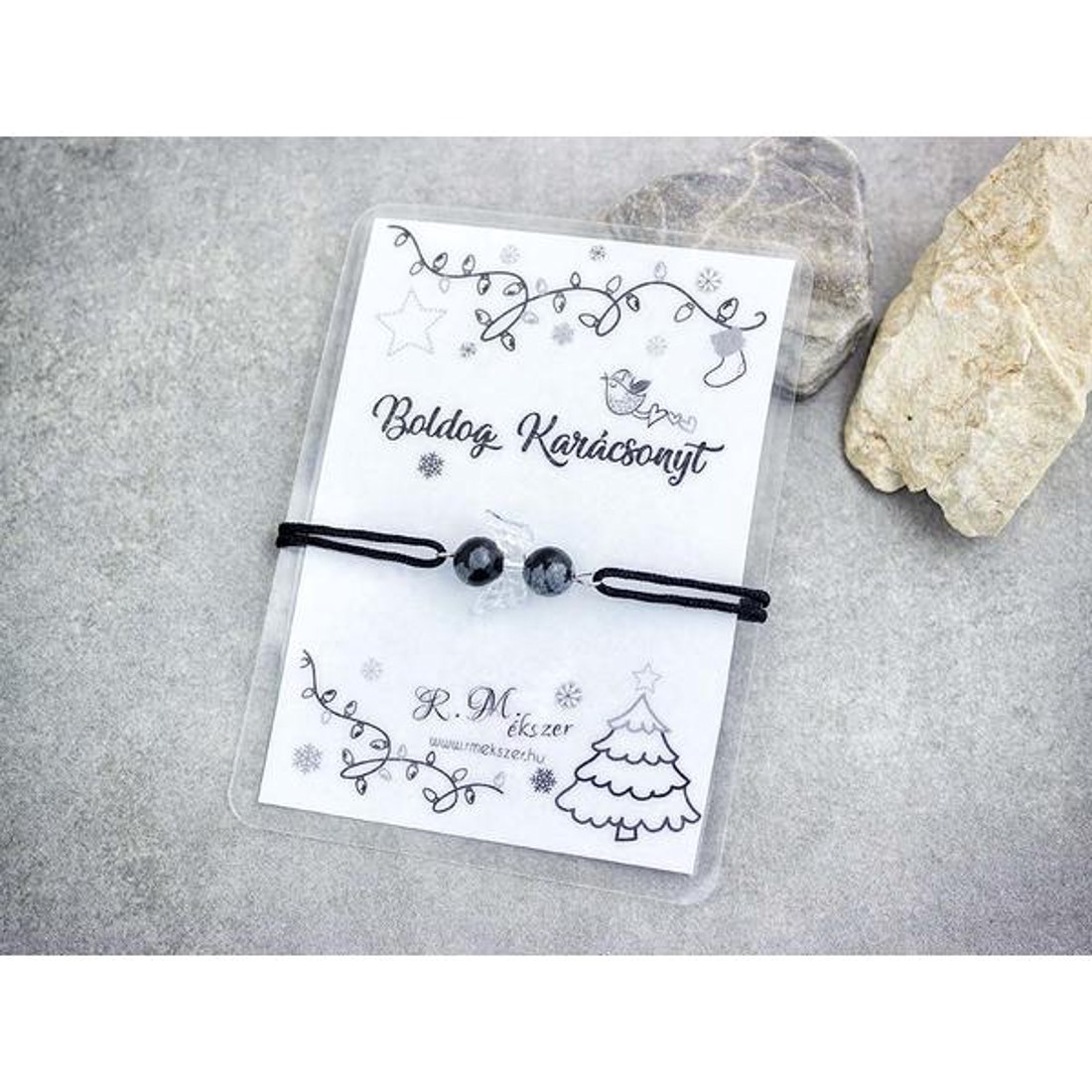 Boldog Karácsonyt obszidián angyal karkötő - ékszer - karkötő - gyöngyös karkötő - Meska.hu