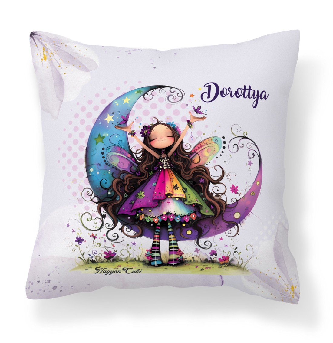 Névvel kérhető - Aranyos lila virágos tündér és a hold mintás párna - otthon & életmód - lakástextil - párna & párnahuzat - díszpárna (belsővel együtt) - Meska.hu