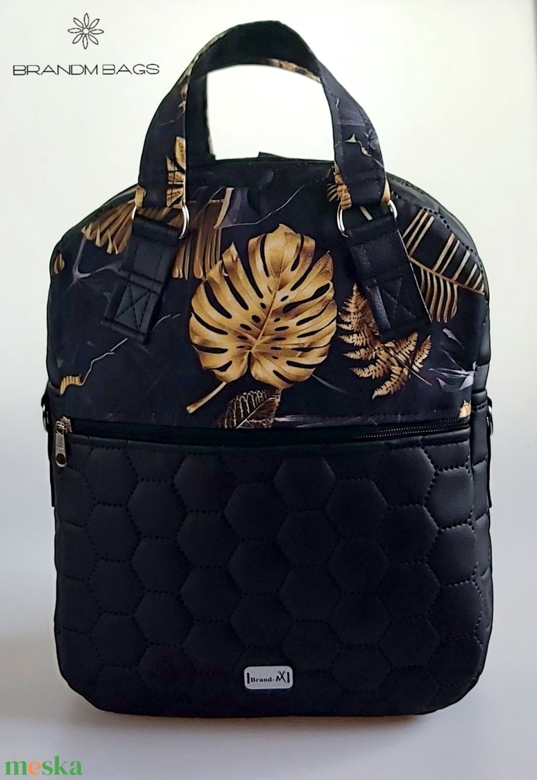 Különleges fekete alapon arany pálmaleveles  4 az 1-ben RITA női táska/hátizsák - táska & tok - variálható táska - Meska.hu