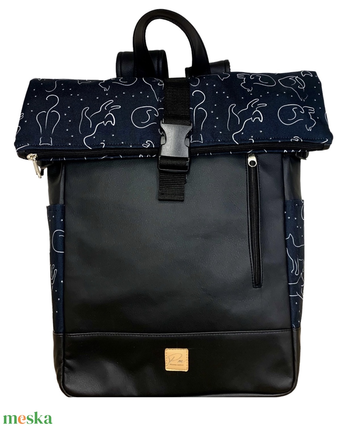 Fekete macskás Roll up laptop hátizsák/hátizsák - táska & tok - laptoptáska, laptop hátizsák - Meska.hu