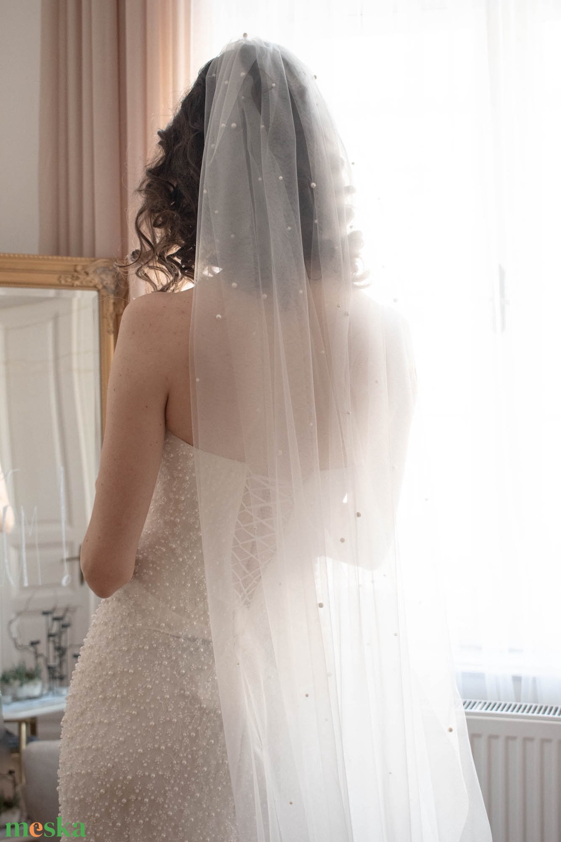 ARIA hosszú gyöngyös menyasszonyi fátyol - esküvő - kiegészítők - fátyol - Meska.hu