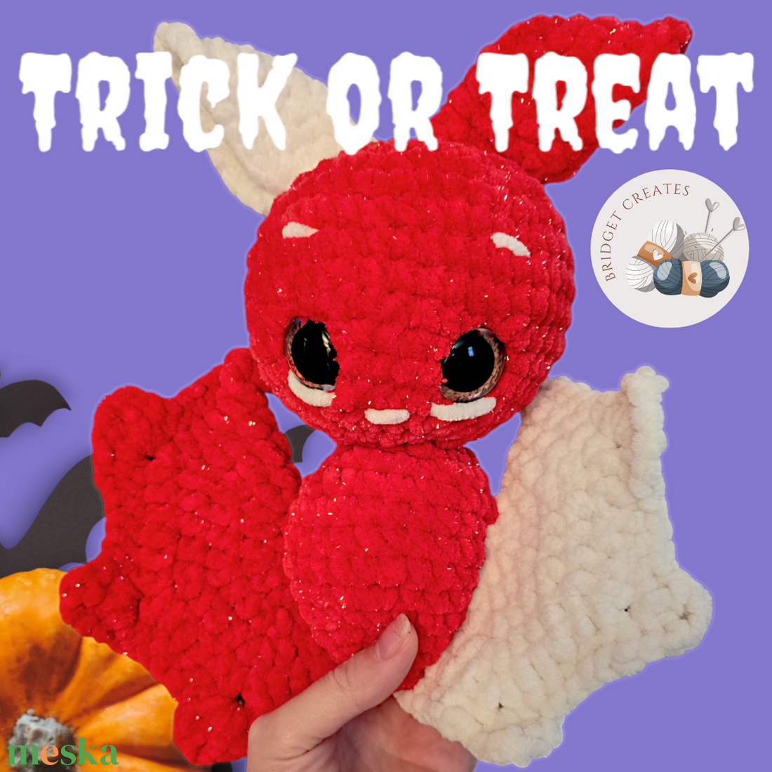 Trick or Treat Plüss Denevér  Kézzel Horgolt Halloween Figura (kb. 20 cm) - játék & sport - plüssállat & játékfigura - más figura - Meska.hu