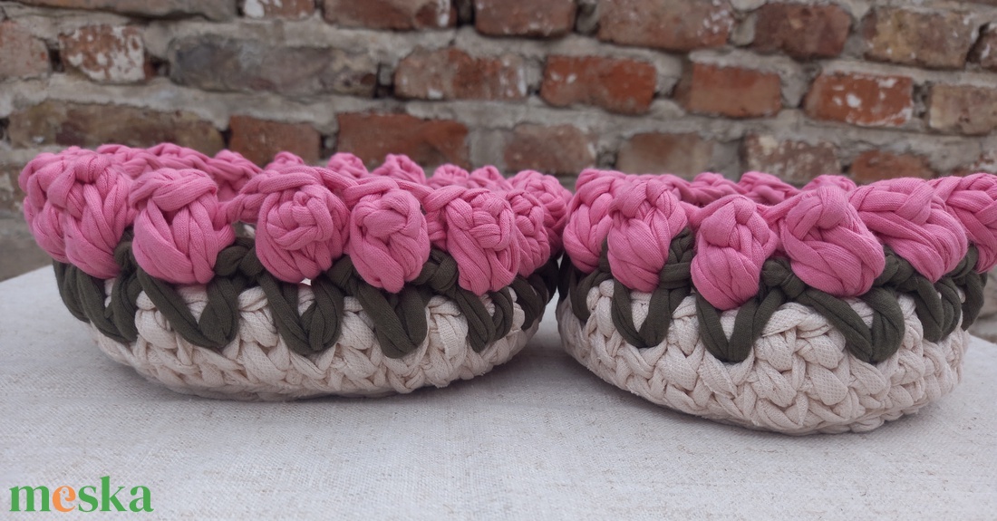 Tulipános horgolt tároló szett - rózsaszín/pink - otthon & életmód - tárolás & rendszerezés - tárolókosár - Meska.hu