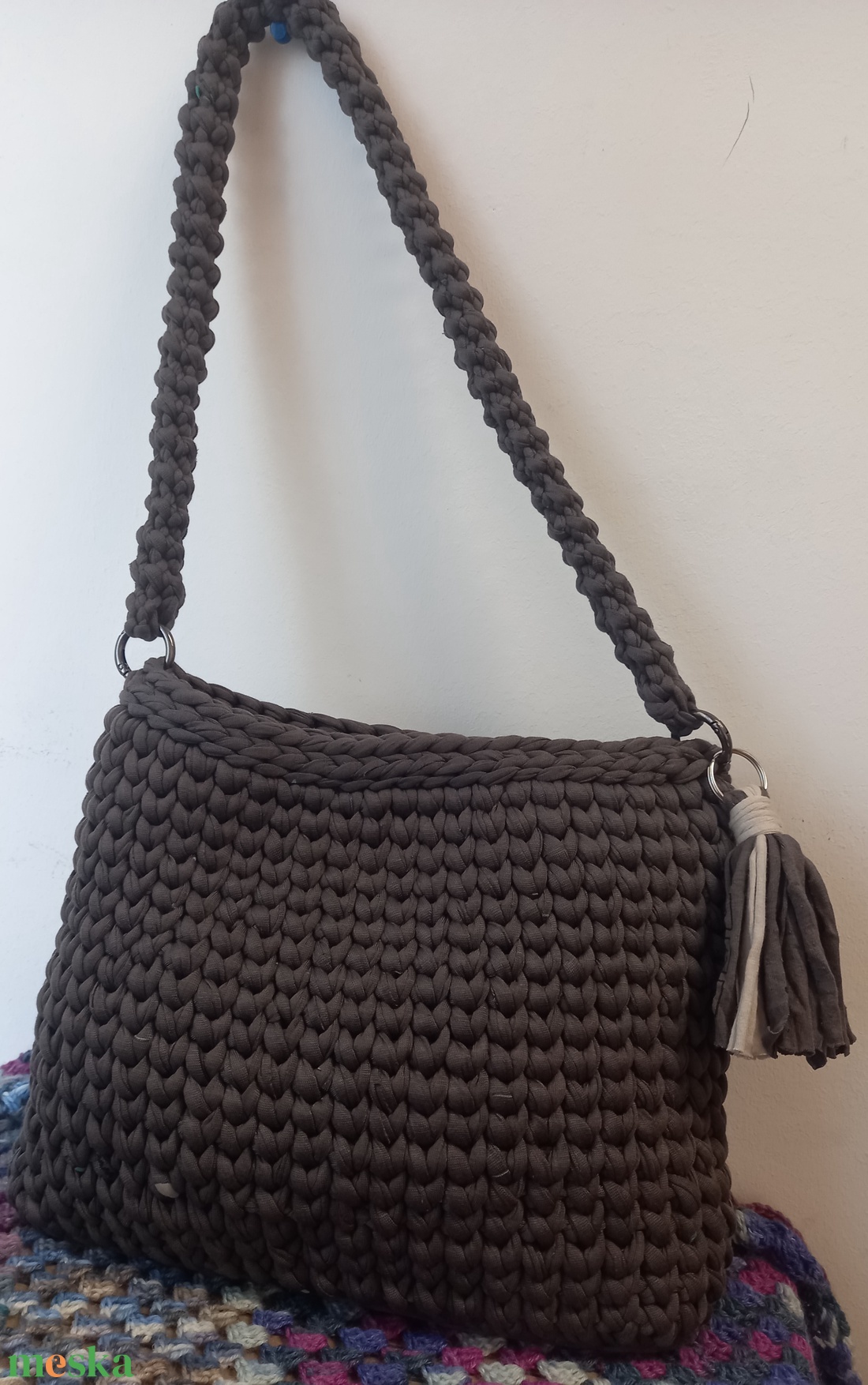 Horgolt táska - sötétszürke - táska & tok - kézitáska & válltáska - válltáska - Meska.hu