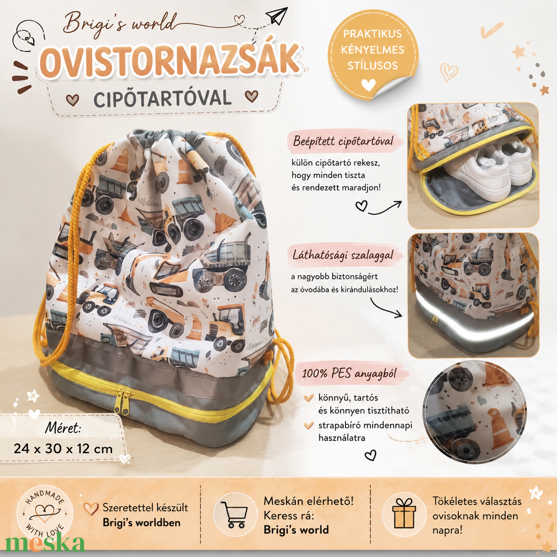 � Vízlepergetős tornazsák-�� munkagép mintával - játék & sport - ovis felszerelés - ovis hátizsák - Meska.hu