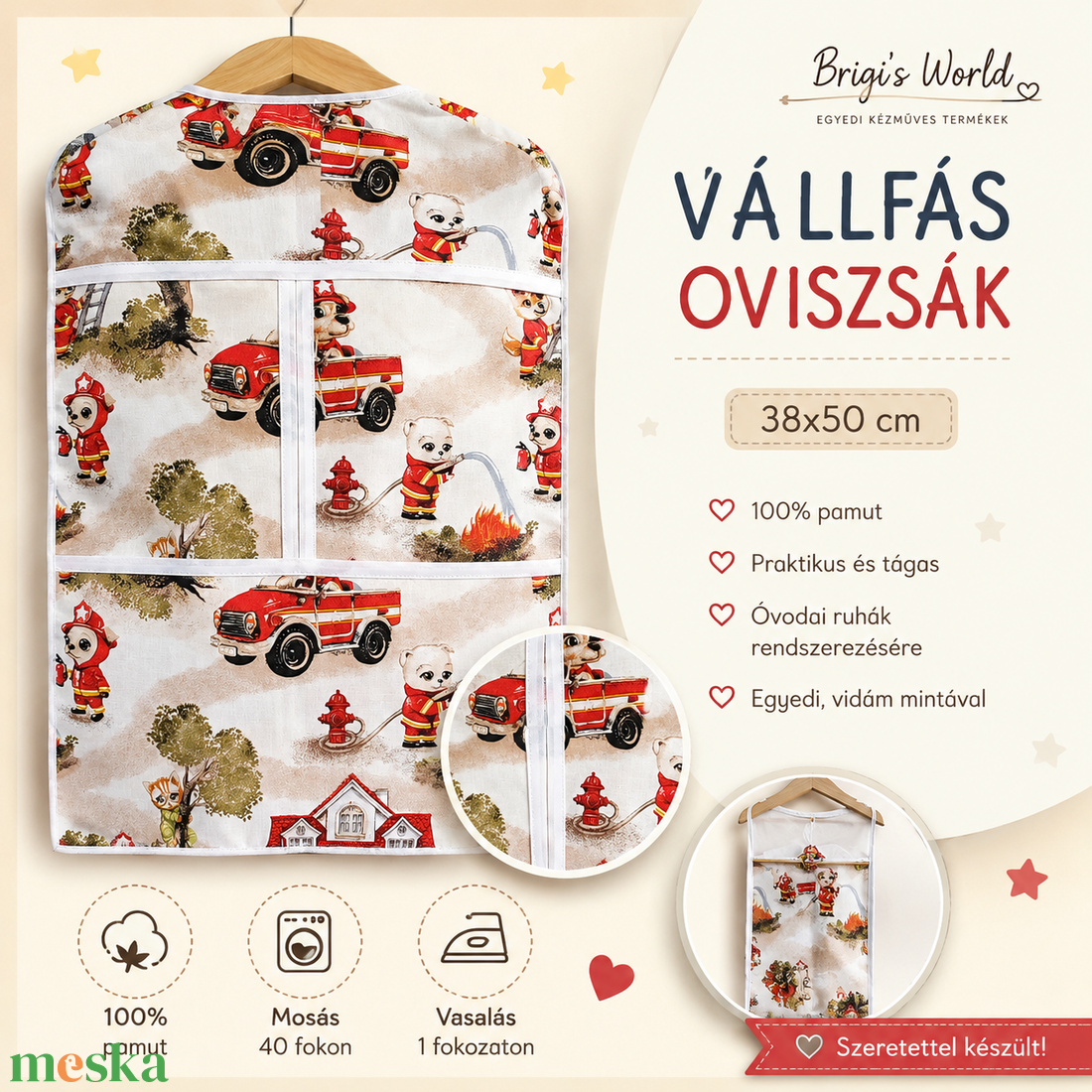 Vállfás oviszsák-tűzoltós mintával - játék & sport - ovis felszerelés - ovis zsák - Meska.hu