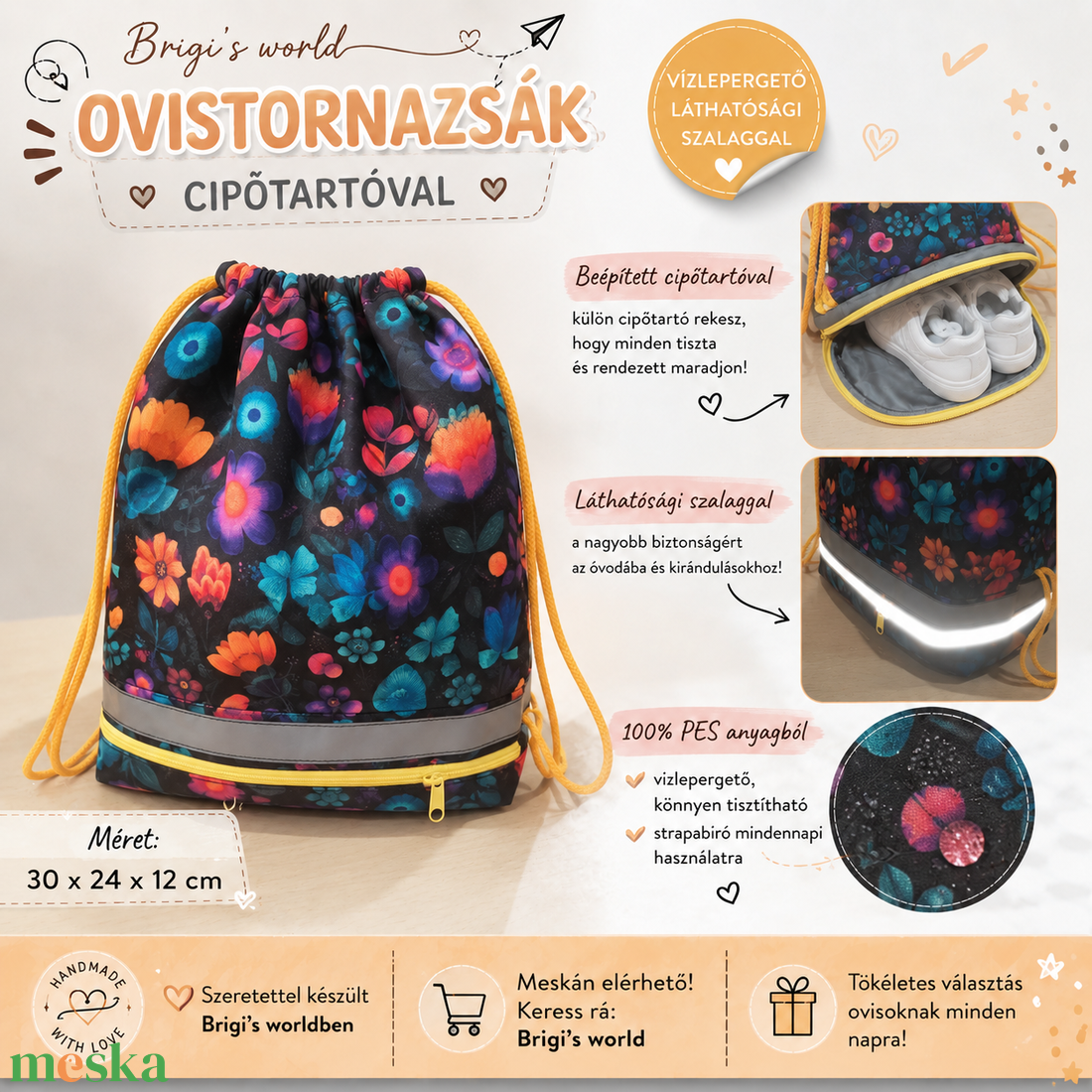 Virágmintás tornazsák, cipőtartó rekesszel - játék & sport - ovis felszerelés - ovis hátizsák - Meska.hu