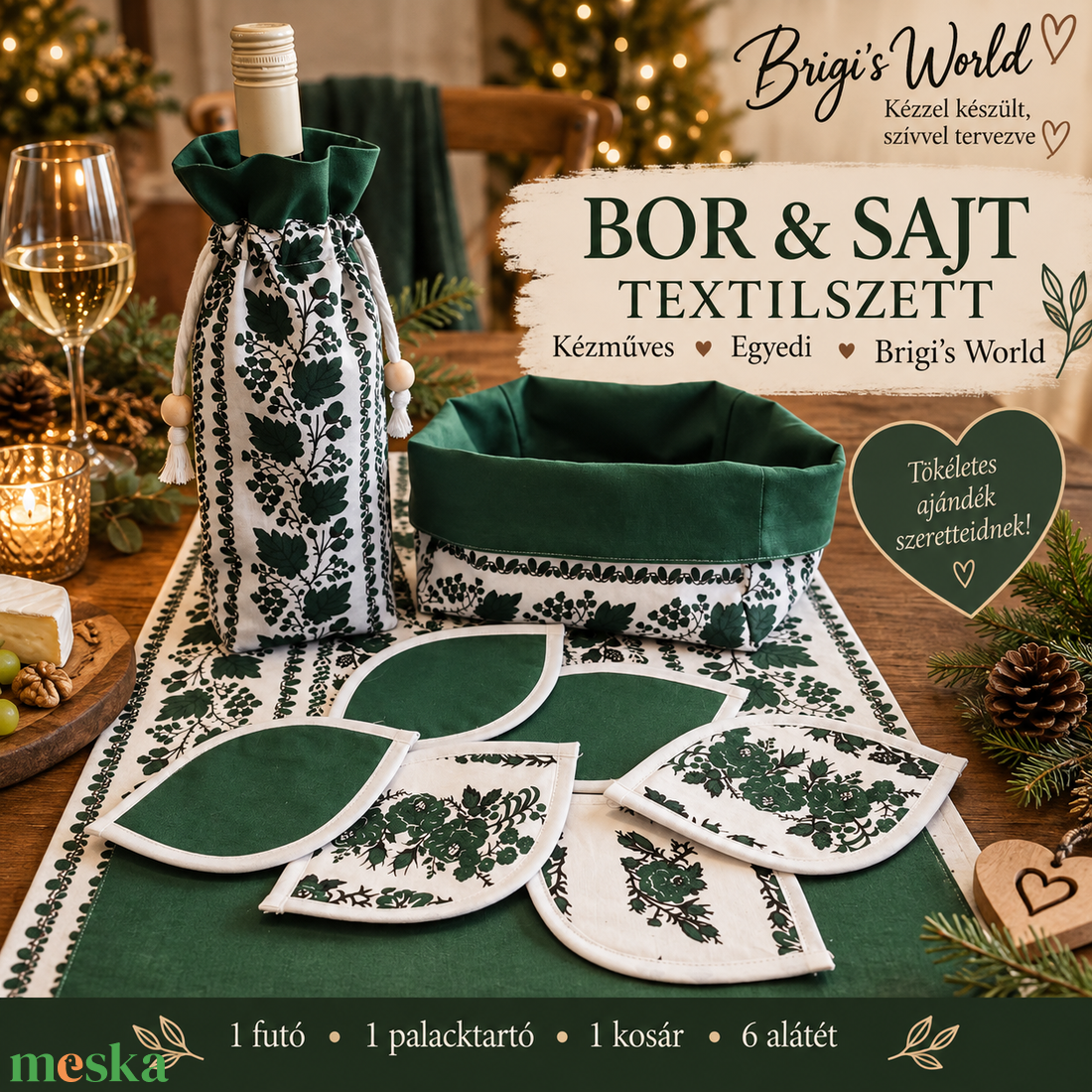 Bor és sajt konyhai textilszett, asztali futó, borospalack tartó, poháralátét, kosár - otthon & életmód - konyhafelszerelés, tálalás - italos kellékek - boros díszdoboz - Meska.hu