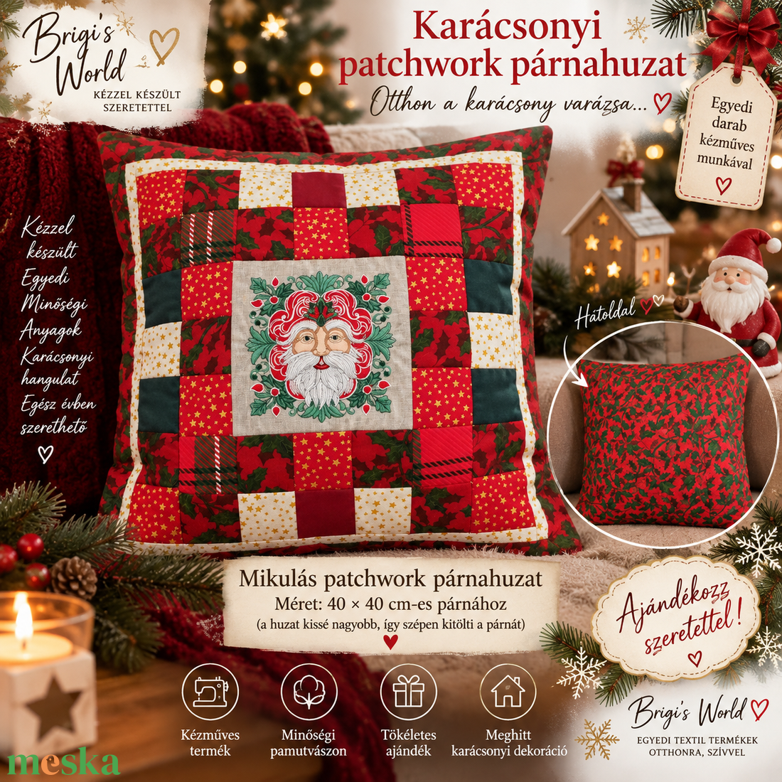 Mikulásos patchwork párnahuzat - karácsony - mikulás - mikulás beltéri dekoráció - Meska.hu