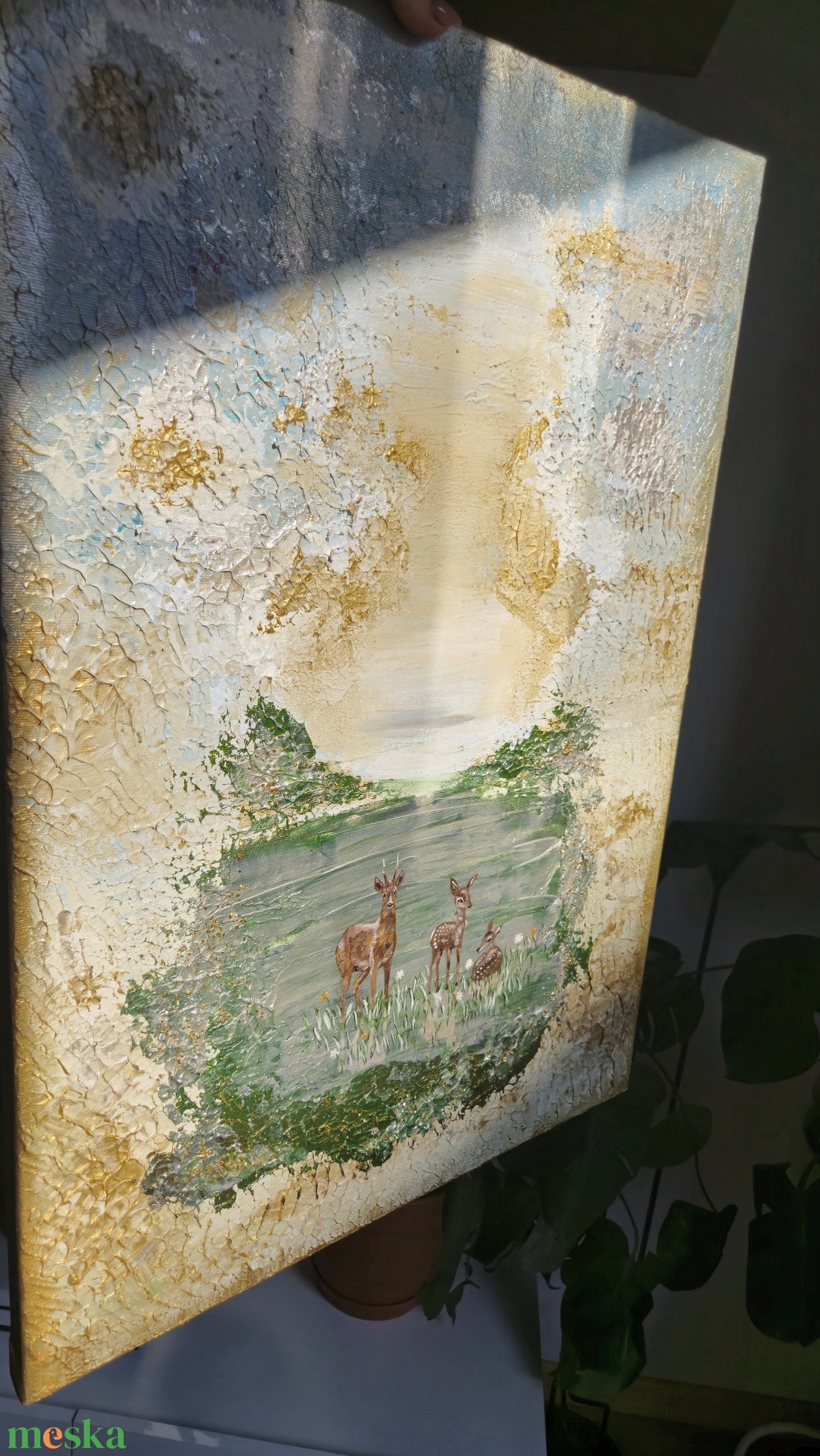 50x70cm Félabsztrakt festmény őzikés, kövekkel - művészet - festmény - akril - Meska.hu