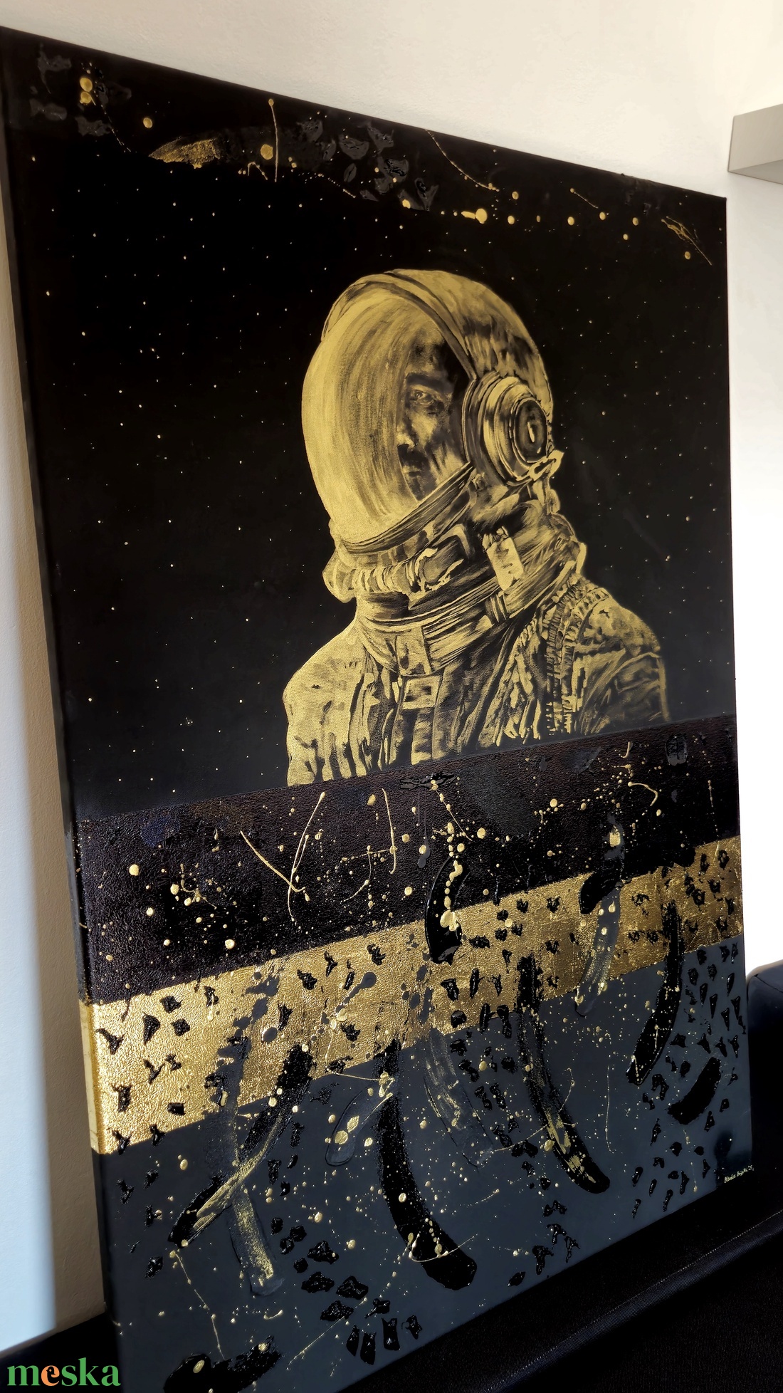 70x100cm Fekete arany asztronauta félabsztrakt festmény  - művészet - festmény - akril - Meska.hu