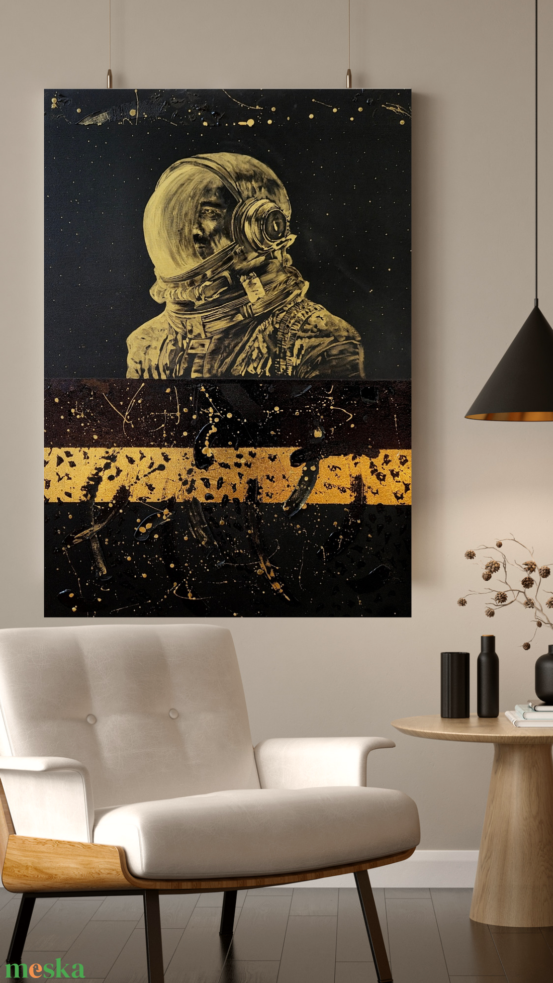 70x100cm Fekete arany asztronauta félabsztrakt festmény  - művészet - festmény - akril - Meska.hu