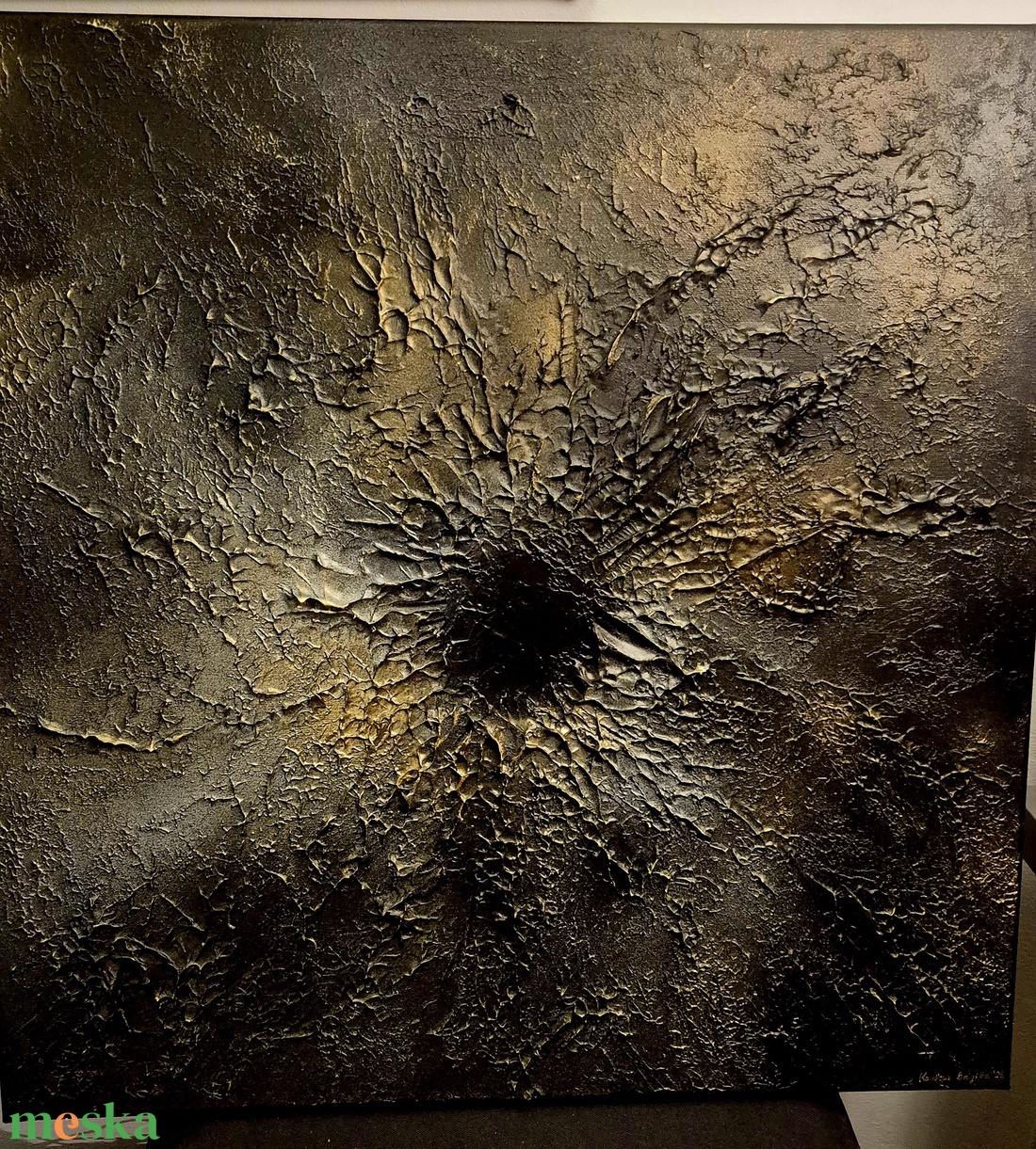 Fekete, arany textúrált absztraktfestmény 60x60cm  - művészet - festmény - akril - Meska.hu