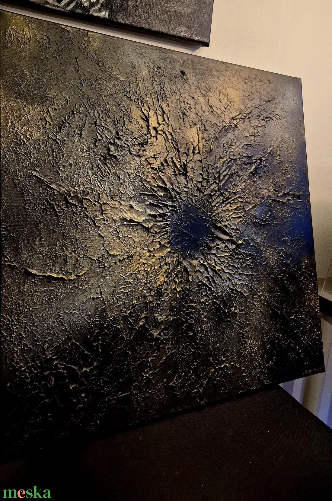 Fekete, arany textúrált absztraktfestmény 60x60cm  - művészet - festmény - akril - Meska.hu