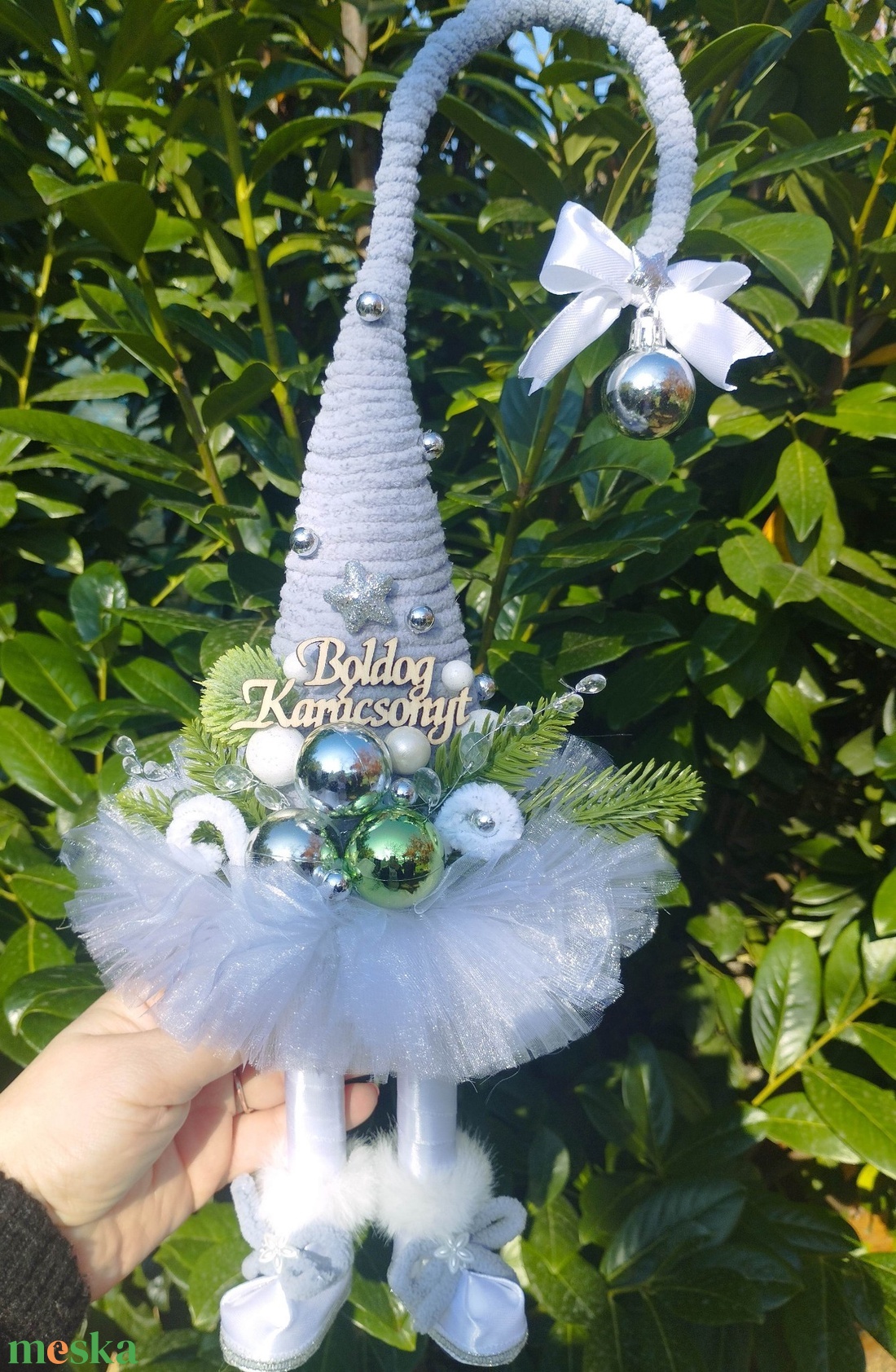 Szürke sapkás tüll szoknyás Manófa - karácsony - karácsonyi lakásdekoráció - karácsonyi manók, figurák - Meska.hu