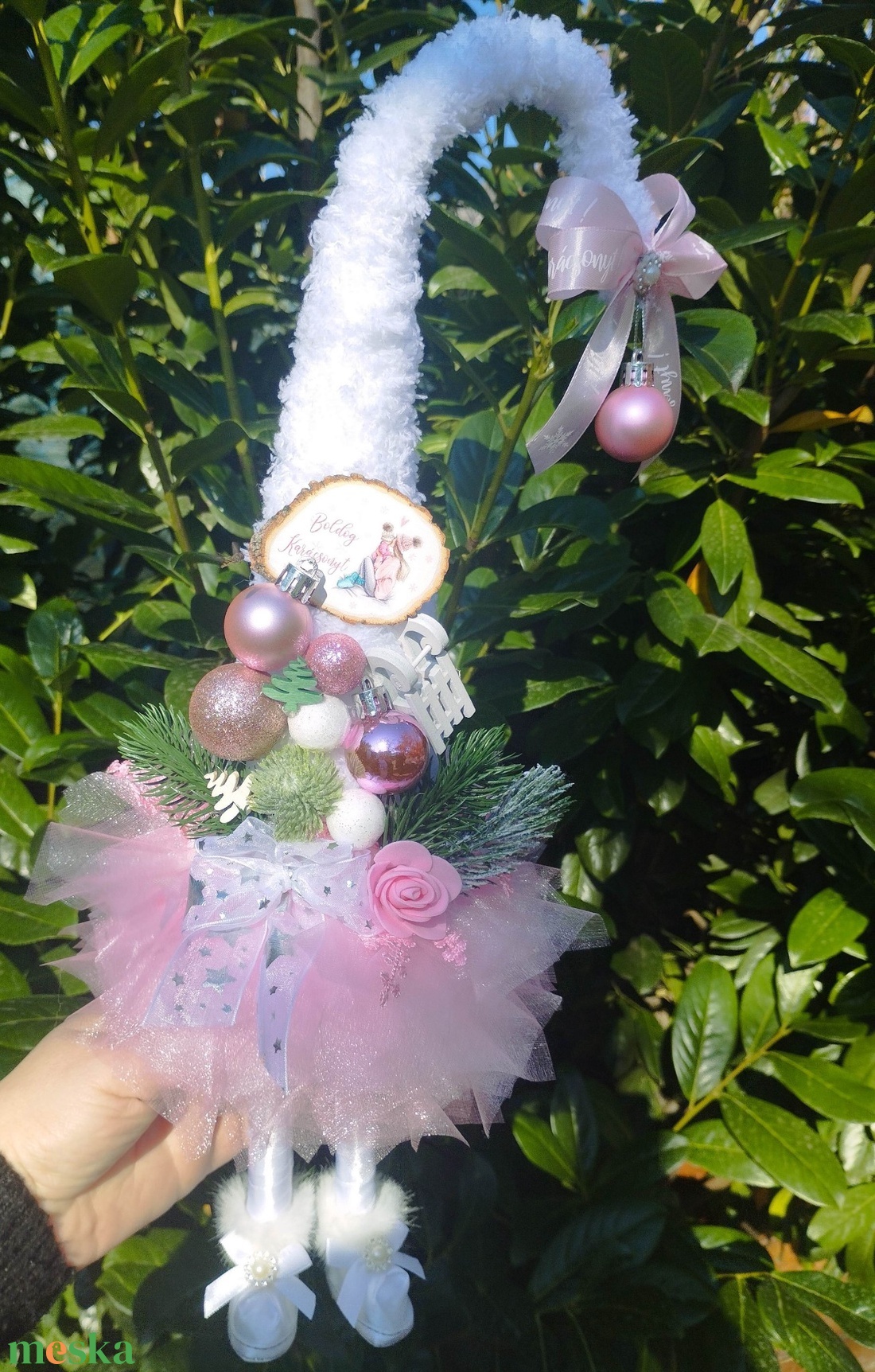 Rózsaszín tüll szoknyás Manófa - karácsony - karácsonyi lakásdekoráció - karácsonyi manók, figurák - Meska.hu