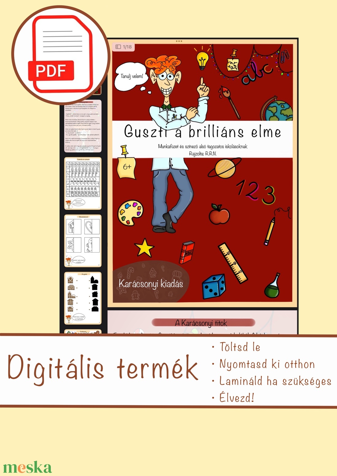 Guszti a brilliáns elme, digitális fejlesztő munkafüzet és színező 6-7 éves kis felfedezőknek (KARÁCSONYI kiadás) - művészet - grafika & illusztráció - digitális - Meska.hu