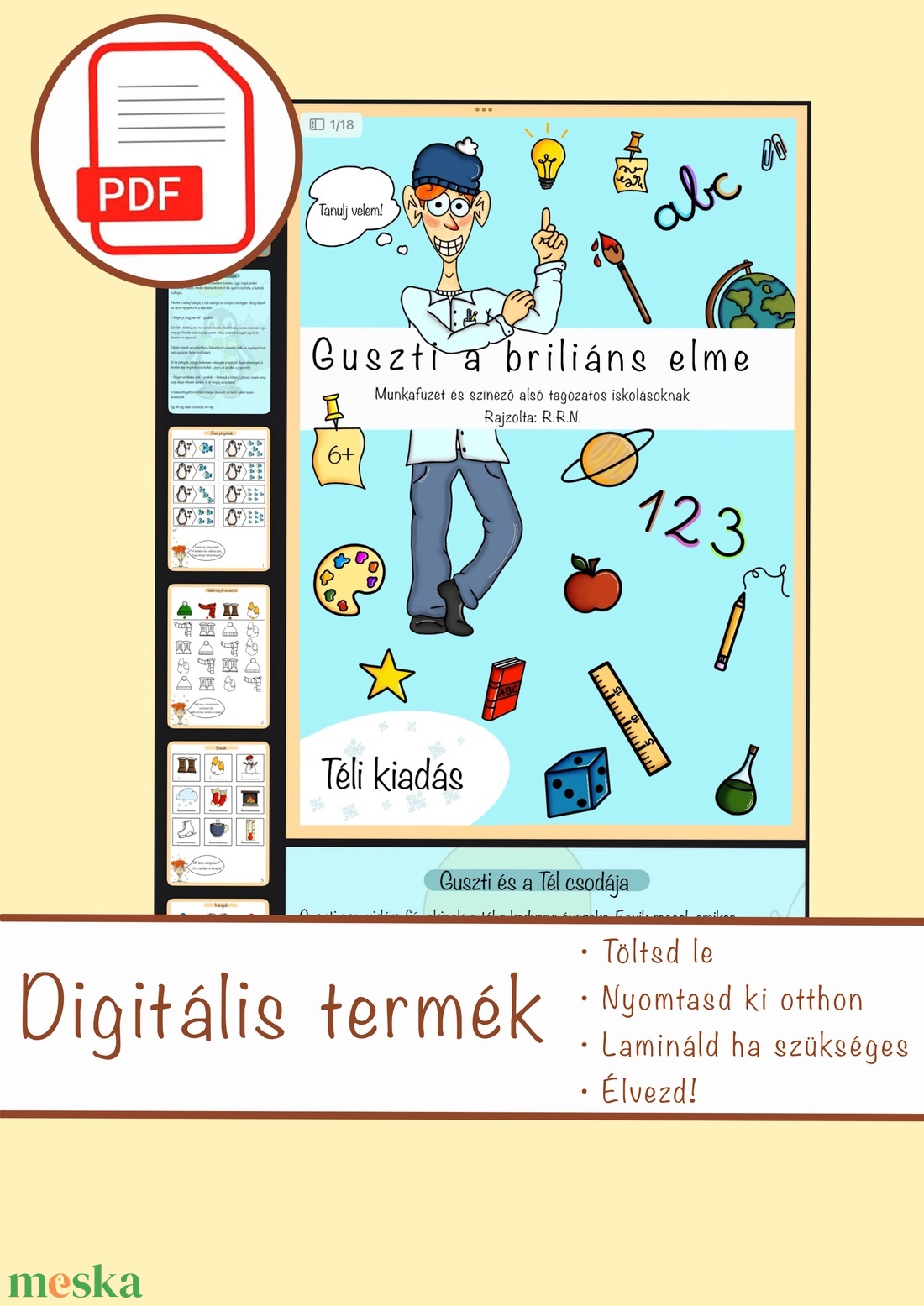 Guszti a briliáns elme (Téli feladatlapok, nyomtatható foglalkoztató gyerekeknek, színezők iskolásoknak)  - játék & sport - készségfejlesztő és logikai játék - memória játékok - Meska.hu