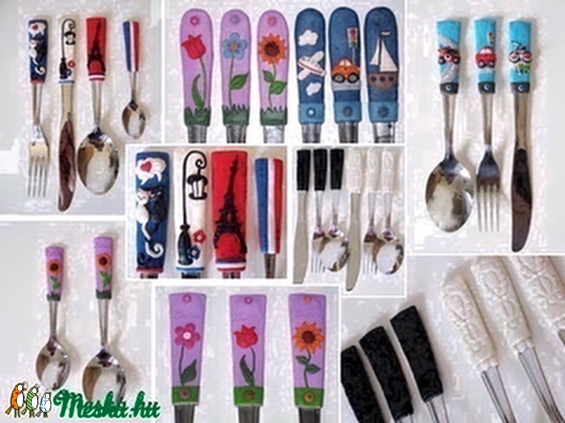 felnőtt méretű színes evőeszköz készlet -  fehér virágokkal -  - Meska.hu